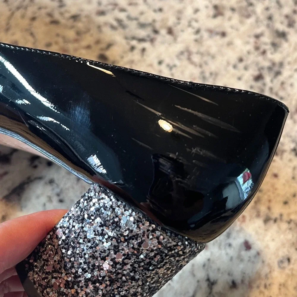 Kate Spade‎ Pumps Womens 8.5 Black Patent Leather Glitter Block Heel Almond Toe